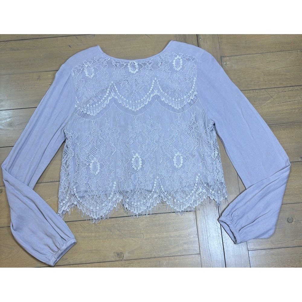 Forever 21 Scalloped Eyelash Hem Balloon Sleeve Blouse Top Lace Fringe Mesh S